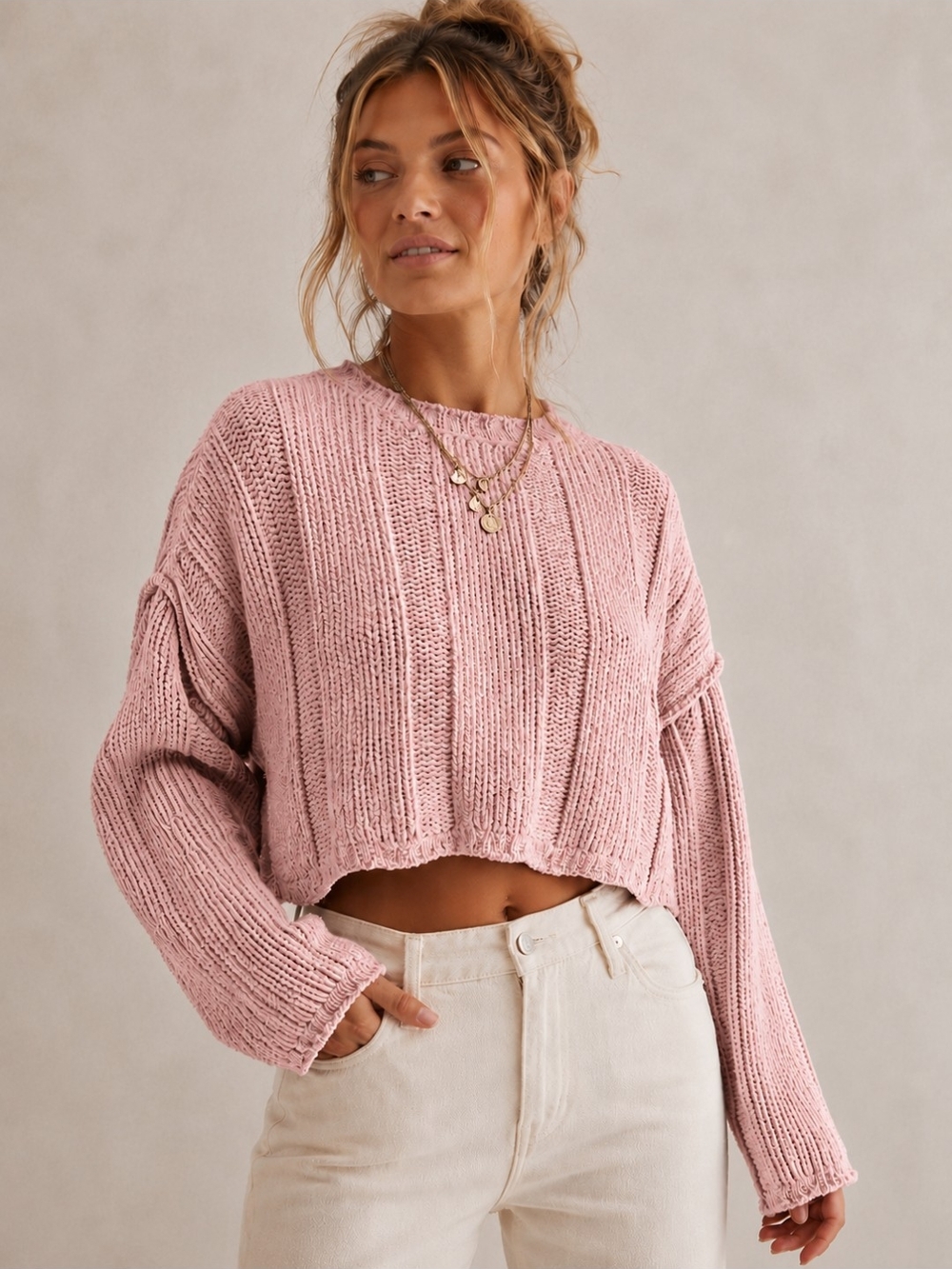 Arizona Jean Company Cropped Oversized Chenille Sweater in Dusty Pink L NWOT